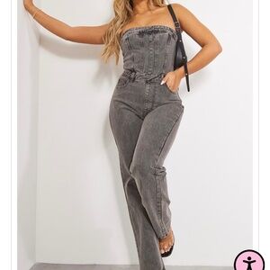 Washed Charcoal Bandeau Denim Jumpsuit